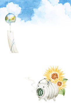 暑中見舞いハガキ　風鈴 ひまわり 豚の蚊取り線香　水彩 イラスト