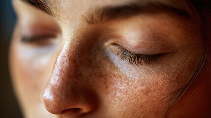 Naklejka premium Close-up of a woman's freckled face, eyes closed