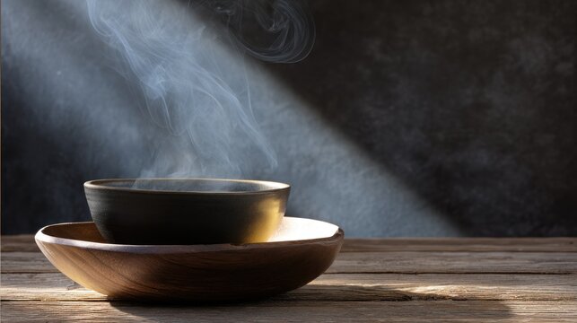 Warm steam from dark ceramic bowl in wooden bowl on table, golden light