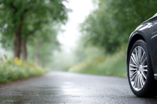 Wet paved road reflects light near a dark car's left front wheel and tire with green background
