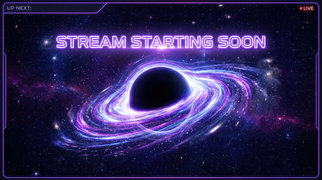 Gaming stream overlay screen template for twitch broadcast. Gaming stream overlay screen template featuring a cosmic background with a black hole and vibrant purple text for Twitch