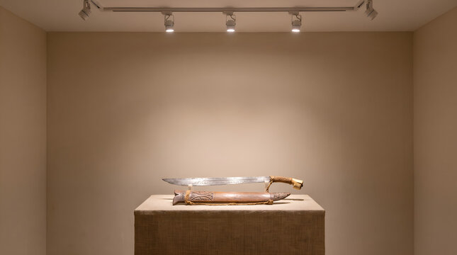 Authentic Dayak mandau displayed in a museum setting, ideal for cultural education, heritage tourism, editorial publishing, and ESG cultural documentation.