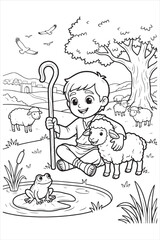 Child Sitting by Pond with Dog and Frog in a Nature Scene, Calm and Whimsical Style