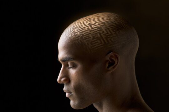 Man meditates, eyes closed, revealing profound inner wisdom with a golden labyrinth in his mind