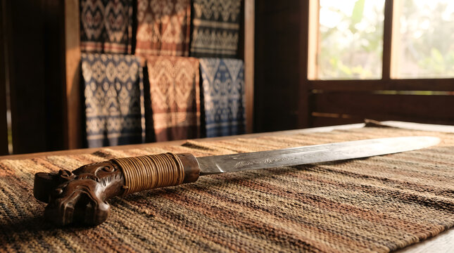 Authentic Dayak mandau displayed as a cultural heritage artifact, ideal for museums, education, tourism, editorial publishing, and ESG cultural reports.