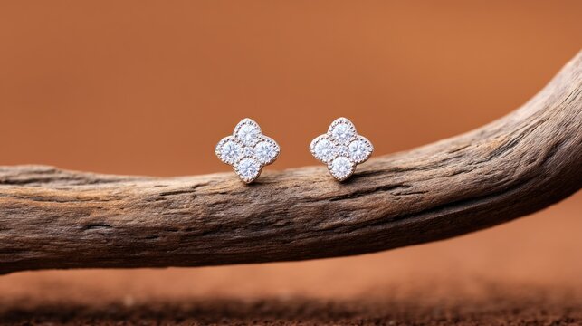 Diamond quatrefoil earrings sparkle on a dark driftwood branch with a warm terracotta background