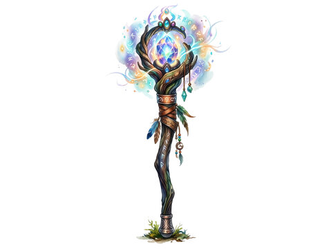 Intricate hand painted fantasy wizard staff featuring carved wood details with flowing magical water elements and a glowing blue crystal center piece illustrated in a vibrant artistic style on transpa