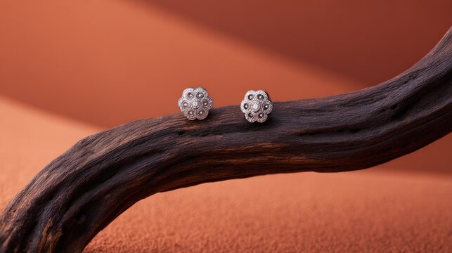 White gold diamond quatrefoil stud earrings highlight on a dark driftwood branch