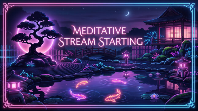 Gaming stream overlay screen template for twitch broadcast. Colorful illustration of a serene Japanese garden with koi pond and neon accents for gaming stream overlay template