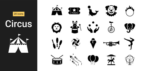 Circus icon set. Vector solid glyph icons, including big top tent, clown, magician hat, unicycle, acrobat, ticket, and carnival amusement park symbols. © stock9999