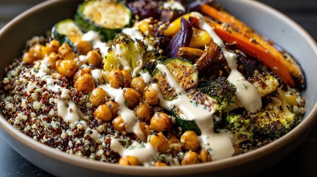 Quinoa bowl with roasted vegetables and chickpeas, drizzled with tahini sauce
