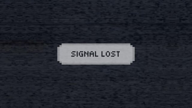 Retro pixel art style signal lost error message pop-up box on dark textured static television screen background illustration