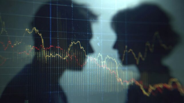 Silhouettes of two people facing each other, financial charts in background