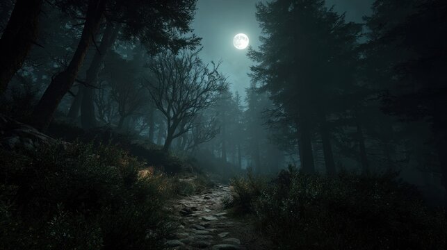 Moonlit, misty forest path