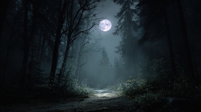 Misty forest path under a full moon
