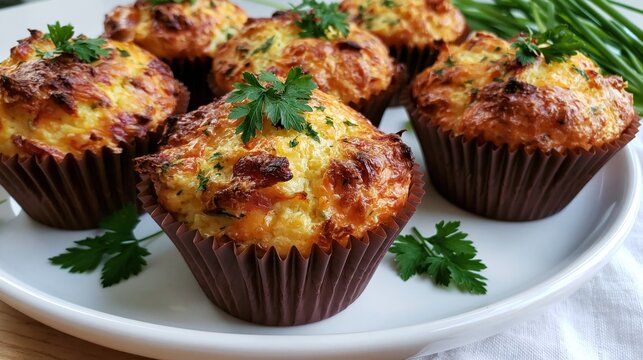 A delicious display of nine golden brown savory muffins served on a white platter for brunch