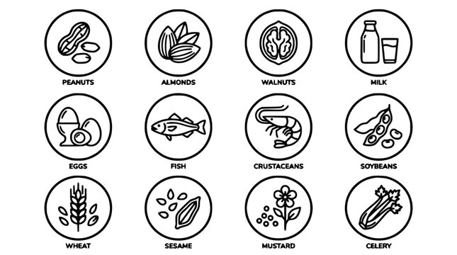 Allergens Icons Including Peanuts, Almonds, Walnuts, Milk, Eggs, Fish, Crustaceans, Soybeans, Wheat, Sesame, Mustard, and Celery
