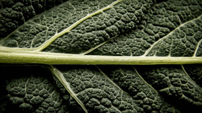 Deeply crinkled dark green kale leaf, prominent light green veins