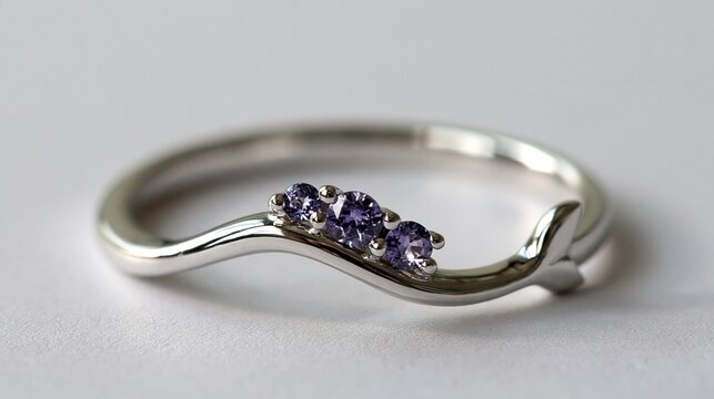 White gold wave ring features 3 purple spinels & a fish-tail motif