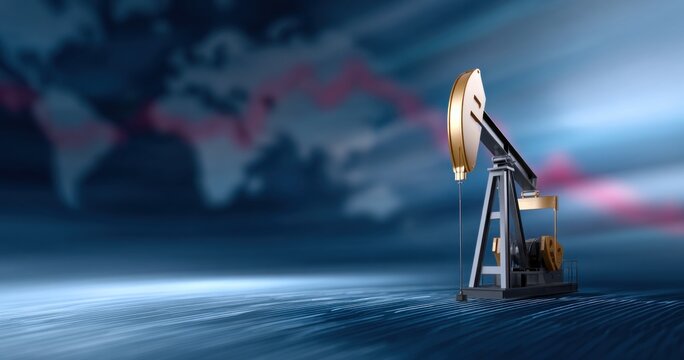 Oil pump jack shows market volatility. Global map and downward trend reflect Iran war impact