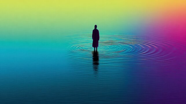A lone figure stands in calm, vibrant water. Ripples spread, showing emotional overwhelm