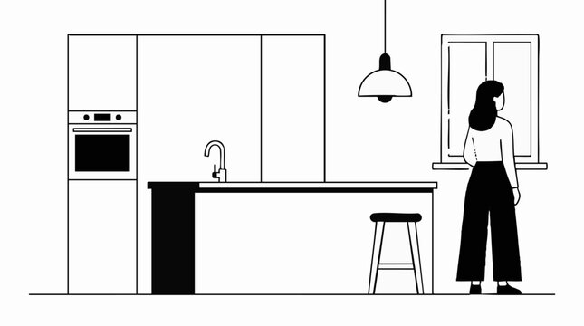 Minimalist black and white line art of a woman in a modern kitchen