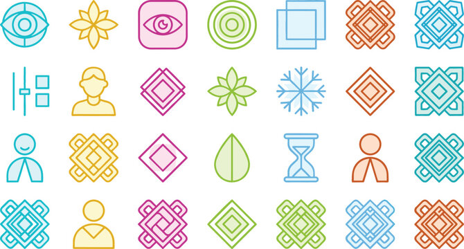 Minimalist Linear Geometric Icon Set with Colorful Outline Abstract Shapes, User Avatars, Mandalas, and Tech Symbols for Corporate Logo and Web Design
