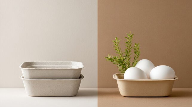 Biodegradable food packaging shown side-by-side, one stack empty, one with eggs and a plant