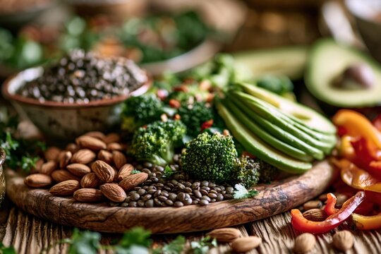A vibrant flat lay of lentils, broccoli, avocado, almonds, and bell peppers on a rustic table