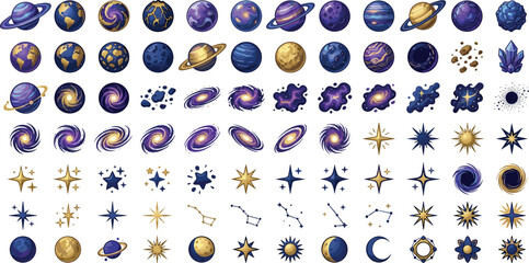 Space Galaxy and Planet Icon Set with Stars Constellations Nebulae and Celestial Elements for Game Design Sci Fi Backgrounds and Vector Illustrations © KP Studio
