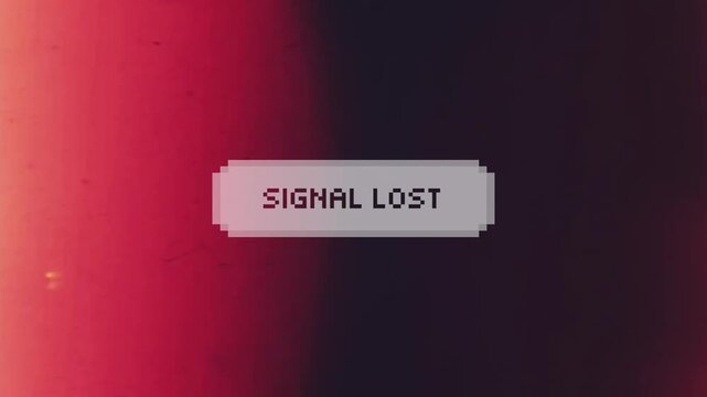 Retro signal lost message on grainy red background with analog video glitch effect and pixelated font for digital connection failure concept art