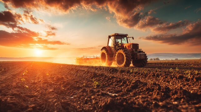 Powerful tractor plowing fertile soil at golden sunset, dust