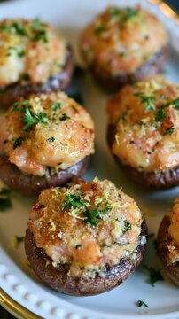 Garlic butter shrimp-stuffed cremini mushrooms on a plate, natural light