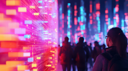 Naklejka premium Vibrant digital landscape showcases colorful lights and data streams, creating futuristic atmosphere. People explore this immersive environment