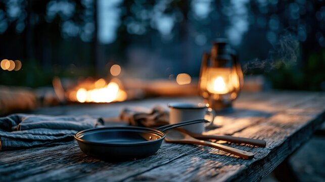 Cozy nighttime campsite cooking scene featuring rustic table, pan, and lantern by campfire