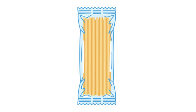 Unopened transparent plastic package of uncooked yellow spaghetti pasta isolated vertically on a clean white background.