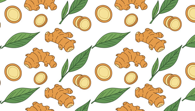 Seamless repeating pattern of fresh whole ginger root, round cut slices, and vibrant green leaves on a white background.