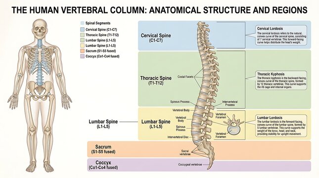 Human vertebral column anatomical structure and regions diagram with vertebral