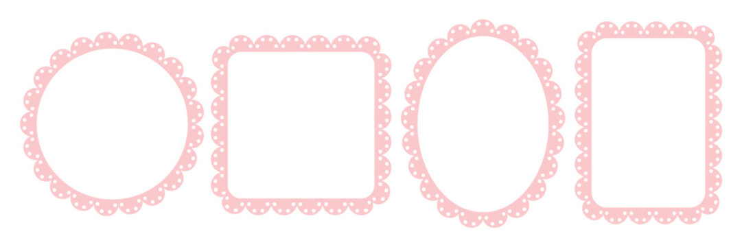 Pink girly frames. Baby decorative circle border and scalloped rectangle. Wiggle cartoon vector illustration