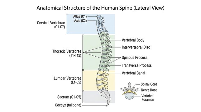Anatomical structure of the human spine with labeled vertebrae