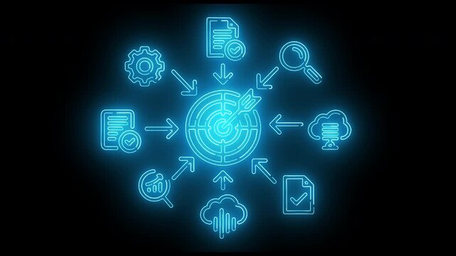 Glowing blue flowchart diagram with various icons on a black background, conveying a technological and informative mood.