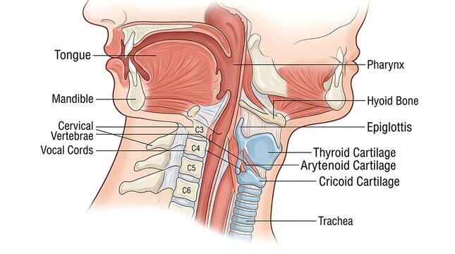 Anatomical diagram of the human neck showing muscles glands cartilage