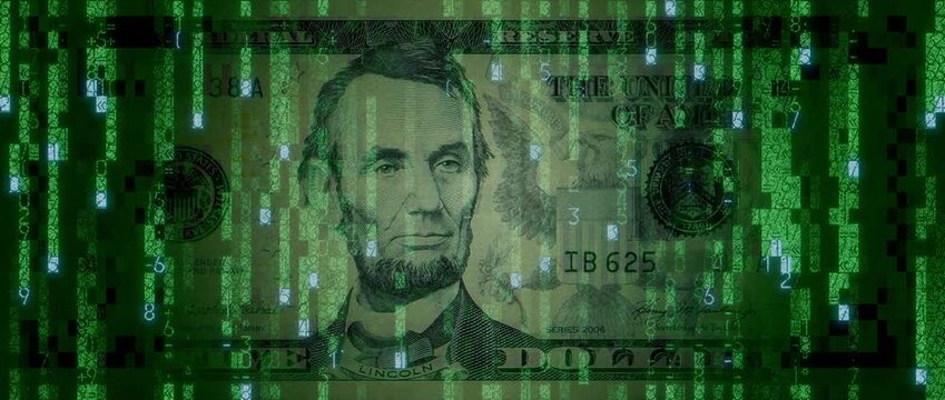 Digital Cash Concept with Five Dollar Bill made from Animated Numbers and Symbols. Cryptocurrency Banking Background.