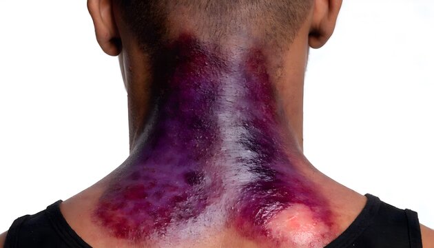 Posterior view of upper back contusion with large hematoma on male patient. Clinical medical photo of severe spine area bruising, white background.