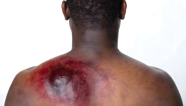 Clinical documentation of severe upper back contusion and ecchymosis on male subject. Posterior view for forensic trauma evidence, white background.