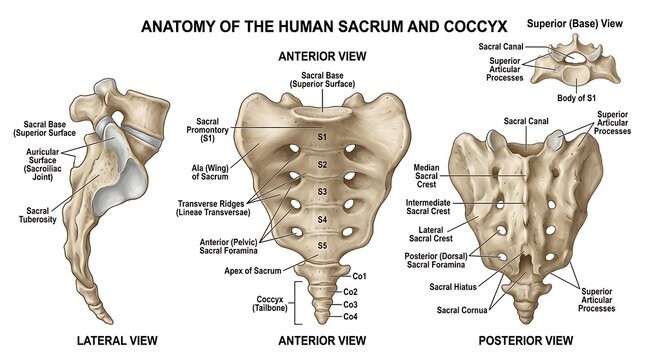 Anatomy of the human sacrum and coccyx with detailed diagrams