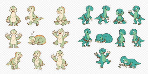 Cute Cartoon Baby Dinosaurs Posing in Various Adorable Actions and Expressions. © Akun