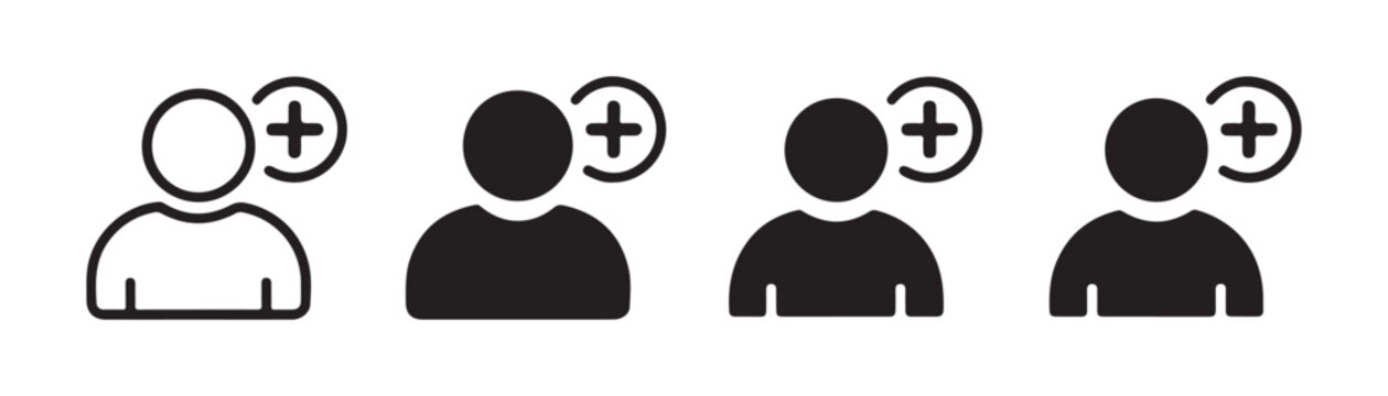 Member add icon collection featuring various styles of user profile symbols with plus marks for design.