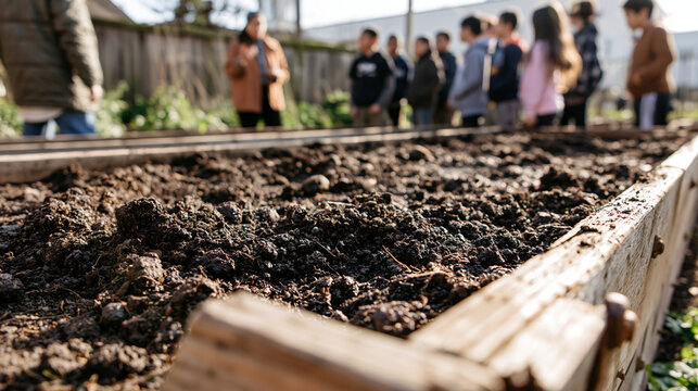 Close up of soil in raised wooden garden bed with blurry group of children learning outdoors.