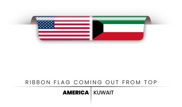 USA and Kuwait friendship ribbon flag coming out from top page design element